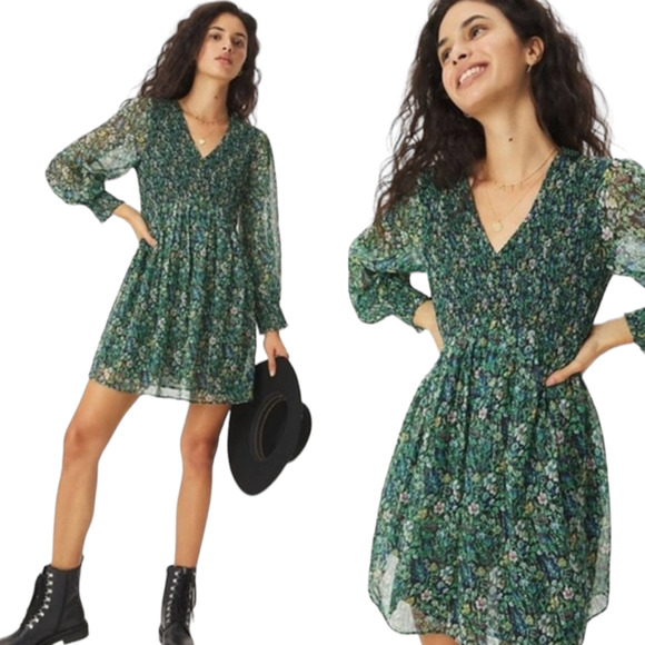 Anthropologie Dresses & Skirts - Anthropology Ranna Gill Tie Smoked Mini Dress Green Floral Long Sleeve Medium